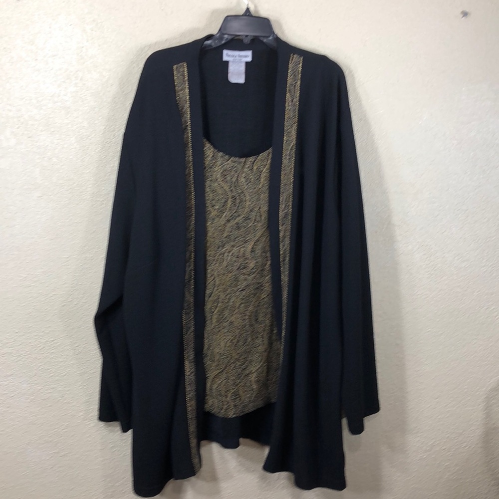 Nicole Studio Plus size 32 Top Cardigan Layered Black Gold Stretchy Long Sleeve